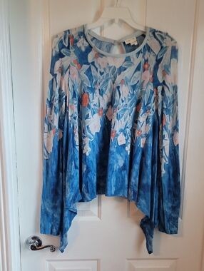 Meadow Rue Anthropologie Blue Floral Long-Sleeve Women's Top High Low Boho Small